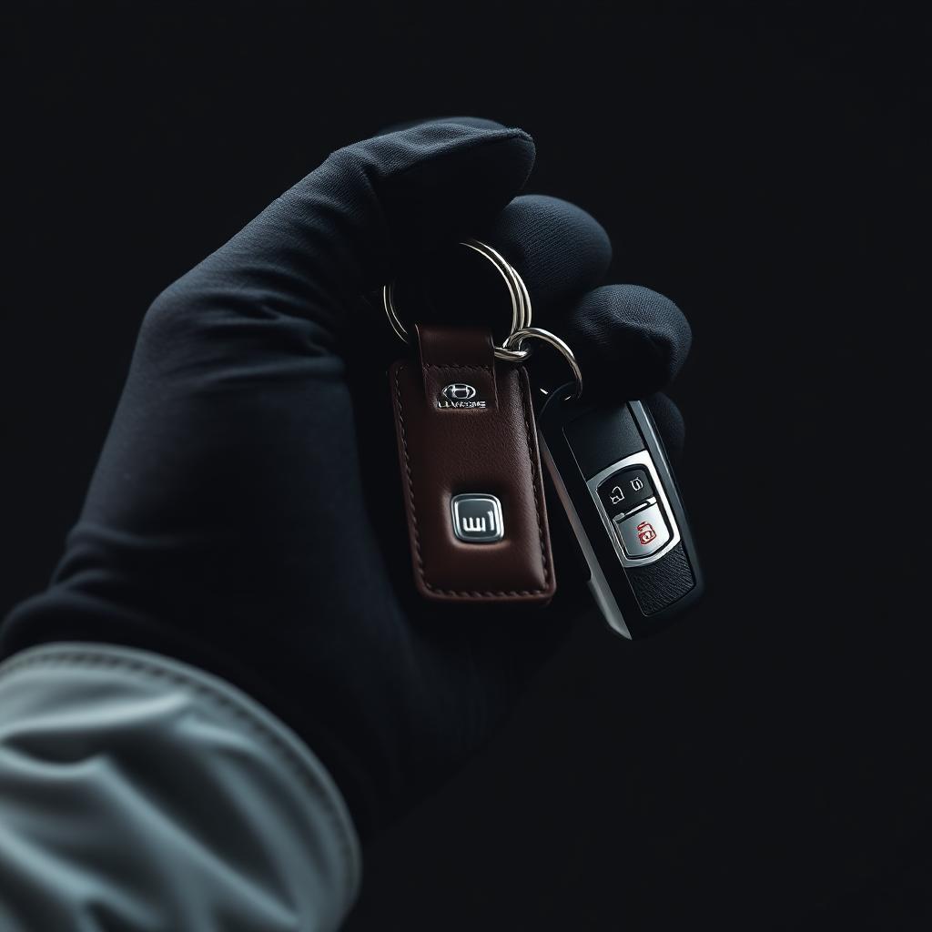 Gloved hand holding a set of luxury car keys