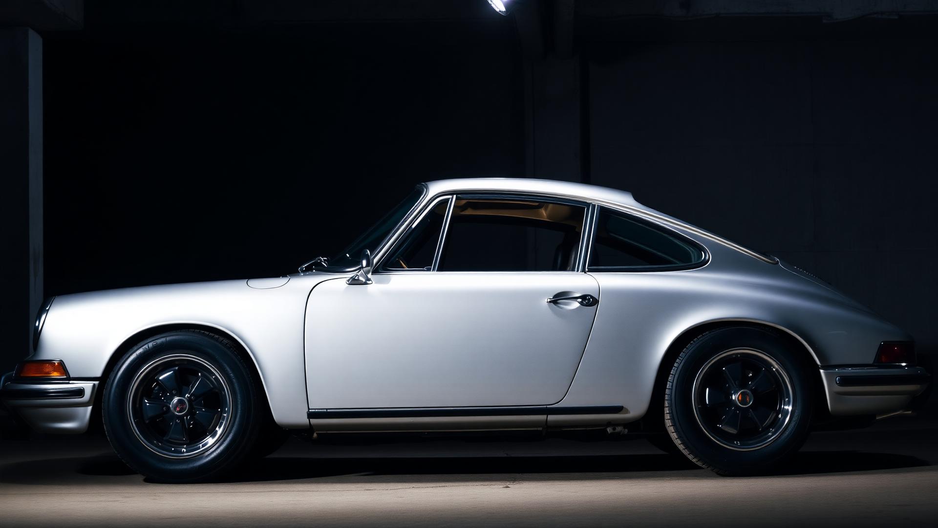 Silver vintage Porsche 911 in a dimly lit garage
